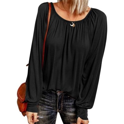 Autumn Long Sleeve T Shirt Women O Neck Pleated Top Solid Color Oversized T Shirt Casual Loose Ladies Long Sleeve Tops Blusas