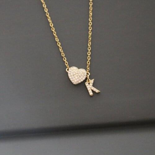 Simple Micro Pave CZ Initial Letter Name Heart Pendant Necklace Trendy Gold Color Zircon Alphabet Charm Collar Steel Thin Chain