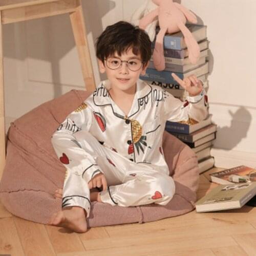 New Kids Baby Boys Girls Silk Satin Pajama Set Clothes Autumn Winter Button-Down Cute Animal Print Nightwear Outfit Homewear