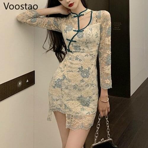 Chinese Style Dress For Women Elegant Vintage Lace Floral Cheongsam Slim Dress Chic Girly Sexy Bodycon Irregular Mini Dresses