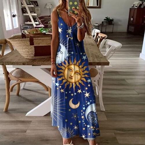 Casual Women Robe Sexy Maxi Dress Summer Sleeveless V-neck Sunflower Printed Long Dress Big Swing Tie Dye Plus Size Boho Dress