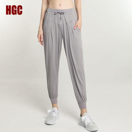HGC Casual Trousers Women Loose Yoga Pants Pocket Elastic Gym Sport Leggings Athletic Active Workout Running Fitness Bottoms