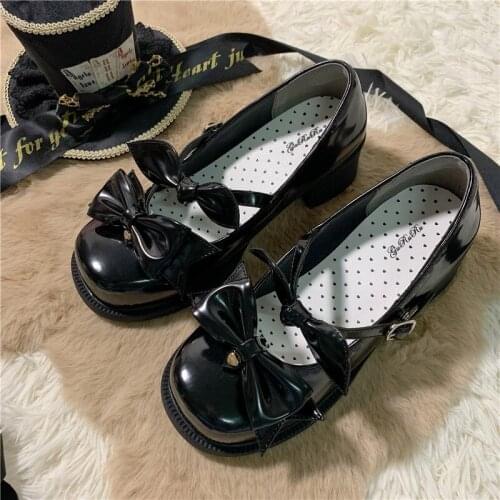 Sweet Lolita Shoes Jk Uniform Buckle Round Head Thick Mid Heel Cute Bowknot Kawaii Cosplay Princess Loli Women Shoe Harajuku Cos