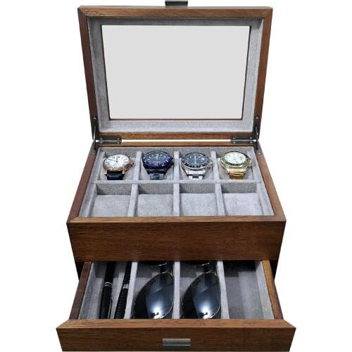 Watch Box with Valet Drawer Solid Wood Display Case for Mens Wrist Watches Organizer with Jewelry/Sunglasses/Watch Band Storage