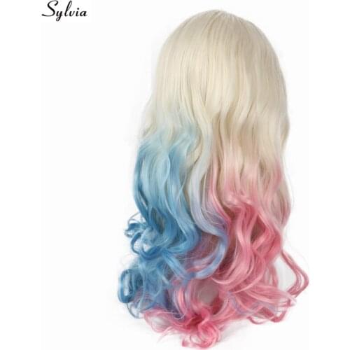 Sylvia Cosplay Deep Wave Hair Ice Blonde Ombre Half Blue/Half Pink Synthetic Women Hair Long Hairstyle Lace Front Wigs For Party