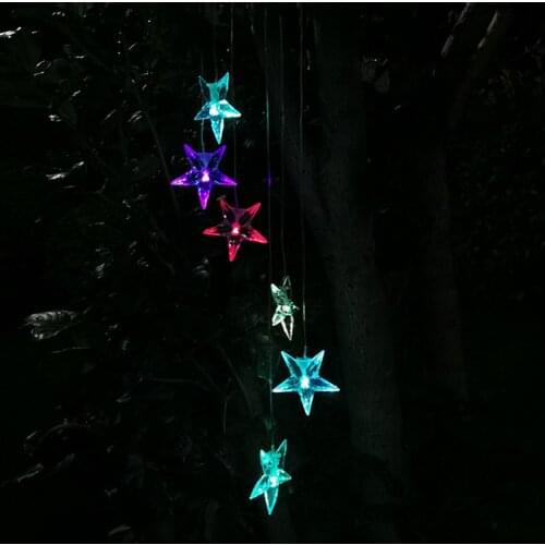 Solar Power LED Wind Chime Crystal Blue Star Color Changing Waterproof Outdoor Windchime Lighting For Home Garden Decor
