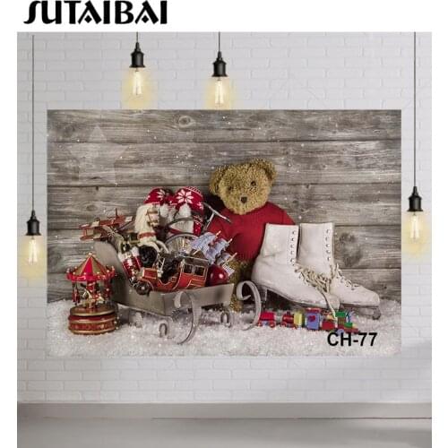 Vintage Wood Board Christmas Backdrop for Photography Photo Studio Child Toys Bear Sled Winter Snow Background Decoration Banner
