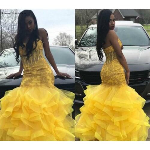 Yellow Color Long Prom Dresses 2019 South African Black Girls Sweetheart Appliques Holidays Graduation Wear Evening Party Gowns