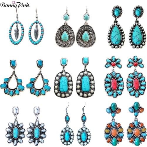 Banny Pink Bohemia Turquoises Earrings For Women Ethnic Stone Cluster Studs Earrings Vintage Geo Statement Post Earrings Brinco