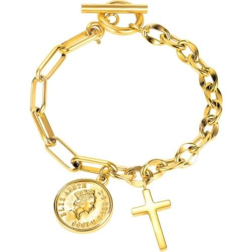 Women Bracelet Coin Cross Pendant Chain Stainless Steel Vintage Jewelry Gift