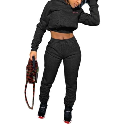 Winter Autumn 2 Pcs Women Letter Outfits 2020 New Fashion Long Sleeve Front Pocket Hooded Crop Top + Trousers