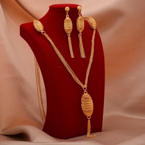 24K Dubai Gold Color Jewelry Sets For Women African India Party Wedding Necklace Pendant Earrings Jewellery Set Engagement Gifts