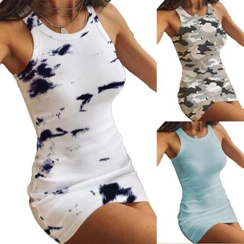 Women Sexy Sleeveless O Neck Camouflage Tie Dye Ribbed Mini Bodycon Tank Dress Sexy Slim Round Neck Sleeveless Bodycon Dress