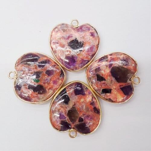 4Pcs 31x26x6mm Alloy Serging Pink And Purple Sea Sediment Jasper Love Heart Pendant Beads DIY Jewelry Making Accessories M447