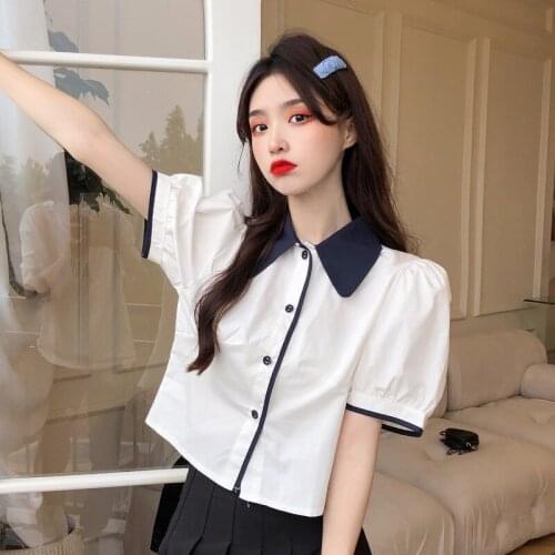 Contrasting Color Short-sleeved White Shirt Female Design Sense Niche Tops Summer New Loose Short Shirt
