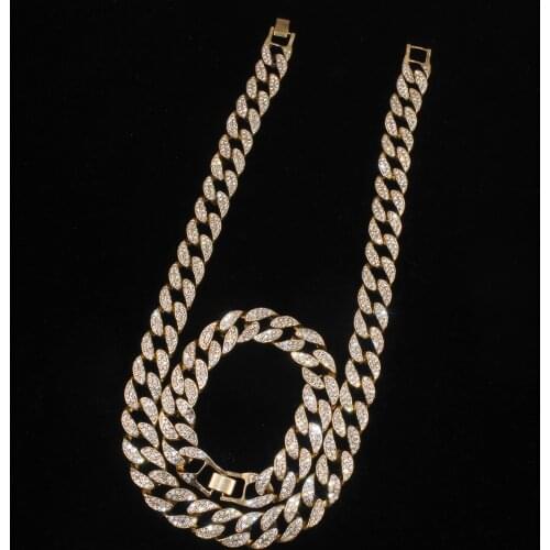 15MM Men Women Hip Hop Necklace Bracelet With Zircon Cuban Miami Link Chain Iced out Bling Necklaces HipHop Jewelry Fashion Gift