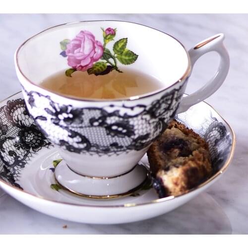 Black Spanish Lace High-grade Bone China Tea Cups Tea Floral Gold Floral Roses Afternoon Tea Coffee Cup Dessert Dish Gift