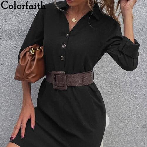 Colorfaith New 2021 Women Summer Shirt Dresses Wild Fashionable Elegant Lady High Waist Vintage No Belt Mini Dresses DR8761AB