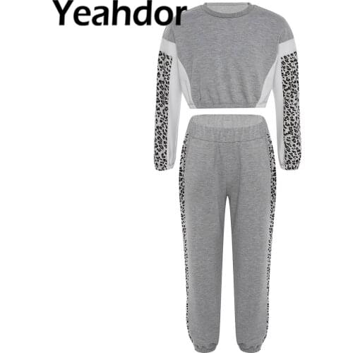 Kids Girls Sport Suit Sportwear Long Sleeves Leopard Print Side Crop Sweatshirt Tops and Pants Set for Workout Running Dance Gym