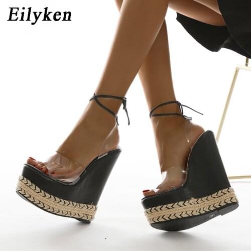 Eilyken New Design Straw Rope Weaving Thick Bottom Wedges Sandals Fashion Open Toe Ankle Cross Lace-up Platform High Heels Shoes