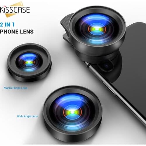 KISSCASE Universal 2 in 1 Wide Angle Macro Lens Camera Kits Mobile Phone Macro Phone Lens with Clip 0.45x for iPhone Samsung s10