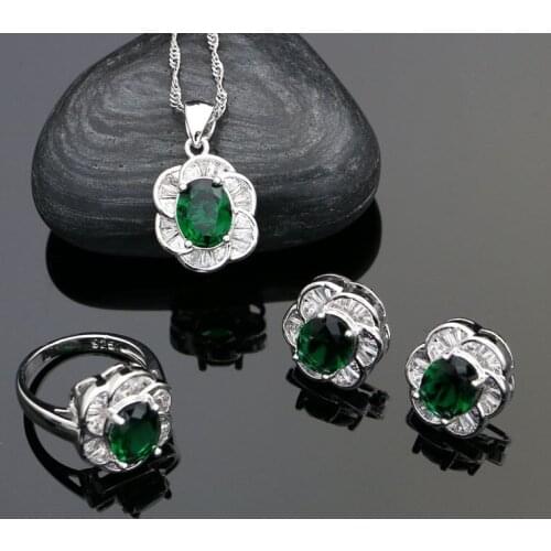 Bridal 925 Sterling Silver Wedding Jewelry Sets For Bride Green Cubic Zirconia White Crystal Earrings Ring Necklace Pendant Set