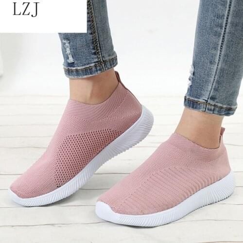 Women Sneaker Air Mesh Soft Female Knitted Vulcanized Shoes Casual Slip On Ladies Flat Shoes Walking Footwear Dropping Shipping