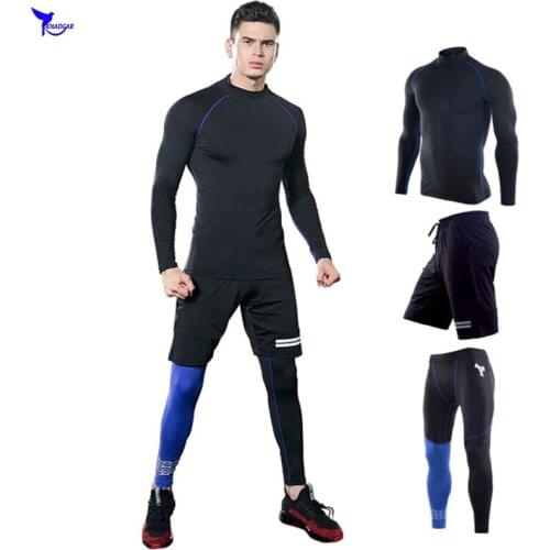 Long Sleeves Stand Collar Mens Running Set Compression Shirt+Shorts+Pants 3Pcs Sport Suit Fitness Clothing Gym Yoga Sportswear