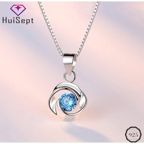 HuiSept Fashion 925 Silver Necklace Jewelry Round Shape Sapphire Gemstone Pendant for Women Wedding Party Wholesale Accessories
