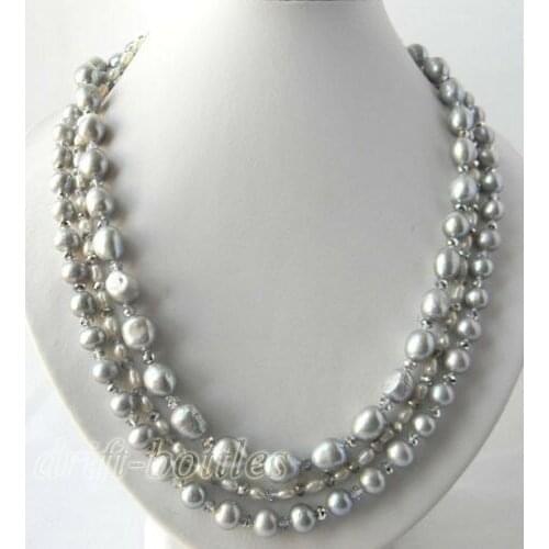 3strands 21'' Gray Baroque Round Freshwater Pearl Crystal Necklace