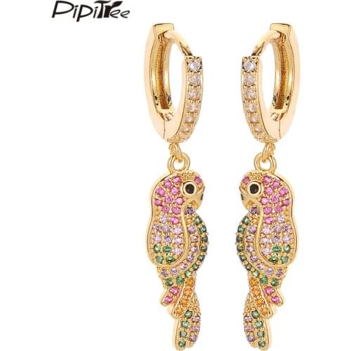 Pipitree Luxury Bird Parrot Earrings Loops Full Micro Paved Cubic Zirconia Charm Women Ladies Hoop Earrings Party Jewelry Brinco