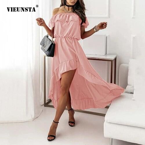 Sexy One Word Collar Dress Women Summer Clothes Retro Ruffle Hem Lrregular A-line Skirt 2021 New Fashionable Thin Princess Dress