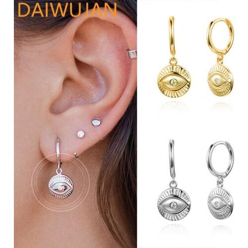DAIWUJAN Real 925 Sterling Silver Eyes Hoop Earrings For Women Gold Color CZ Zircon Round Piercing Earrings Jewelry Pendientes