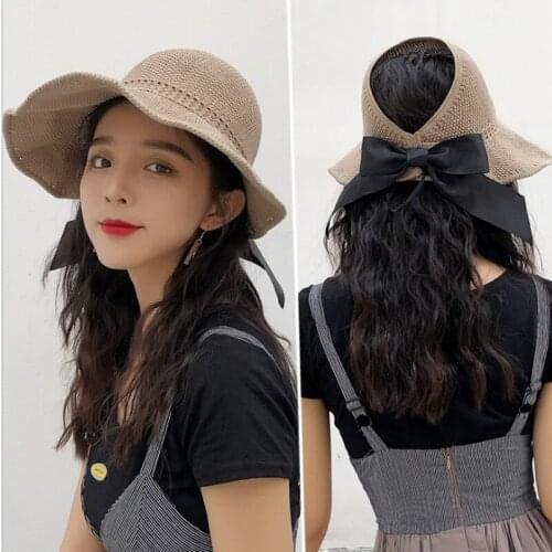 Bowknot empty top ponytail fisherman hat cotton knit foldable big-edge fisherman hat female summer wild sun hat