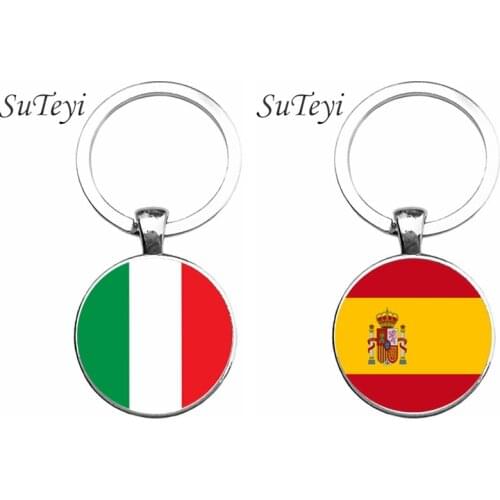 SUTEYI High Quality Spain/Italy Flag Key Ring Round Glass Pendant Key Chain Charm bag/Car Keychain birthday present Jewellery