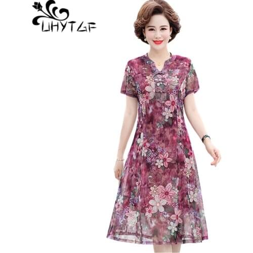 UHYTGF Summer Dresses 2021New Fashion Mesh Printing Elegant Female Dress Short Sleeves Vintage Buttons 5XL Plus Size Dress 1354