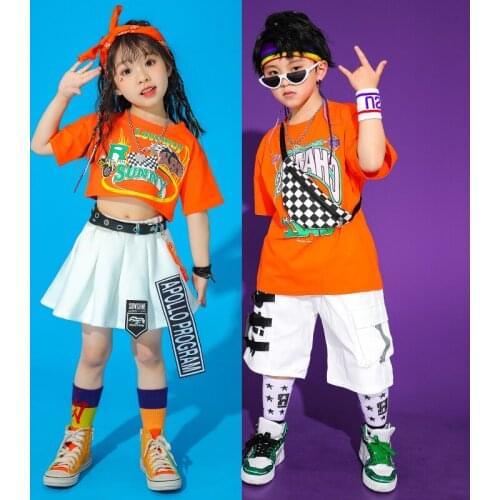 Girls Hip Hop Crop T Shirt Boys Loose Cargo Shorts Kid Skirt Summer Print Cool Tee Street Dance Clothes Teen Jazz Child Costumes