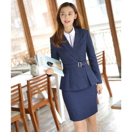 High Quality Fiber - Formal Blue Blazer Women Skirt Suits Work Wear Sets Ladies Business Office Uniform Designs Styles