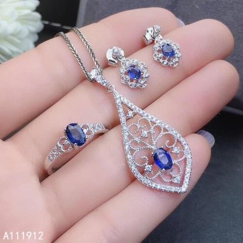 KJJEAXCMY fine jewelry natural sapphire 925 sterling silver women pendant necklace chain ring earrings set support test noble