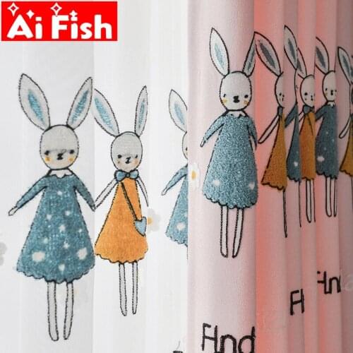 Pink Cute Three-dimensional Embroidered Rabbit with Colorful Thread Blackout Curtains for Kids Bedroom Cartoon Blue Drapes #35