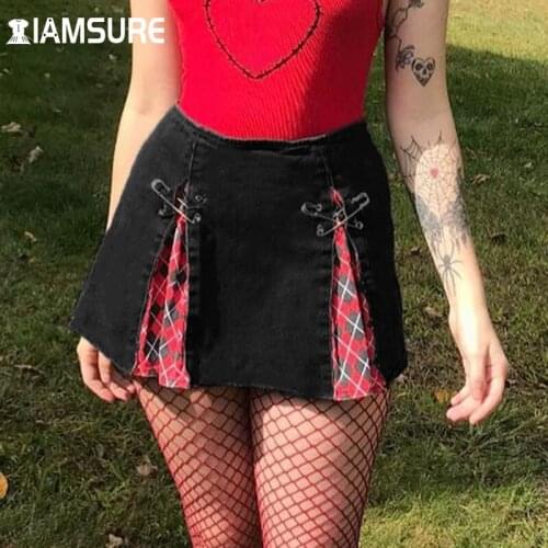 IAMSURE Gothic Patchwork Plaid Split A-Line Skirt Female 2020 Dark Mid-Waisted Above Knee Skirts Y2K Aesthetic Casual Streetwear