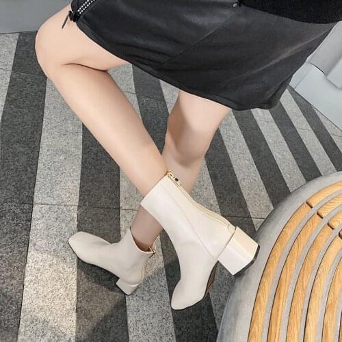 Ankle Leather Boots Sexy Womens Shoes 2020 Winter Brand Luxury Booties Square Toe Zapatos De Mujer Plus Plush High Heels Ladies