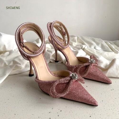 2021 Women Pumps Silk Satin Pointed Toe Rhinestoe Strange Heels Women Shoes Slip On Mules Fashoin High Heel Sandals