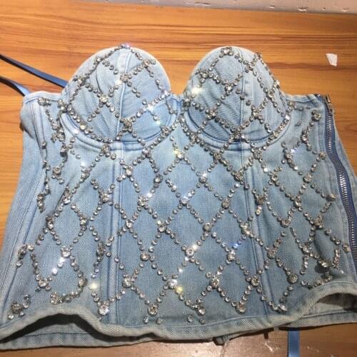 2021 New Women Denim Tube Top Diamond Beaded Strapless Vest Lace up Zipper Bustier Bra Night Club Party Tank Top Female Y749