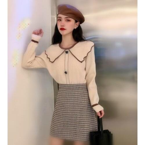 Womens knit sweater shirts French style Doll Collar slim fit long sleeve knitting sweaters Patchwork vintage tops fall clothes