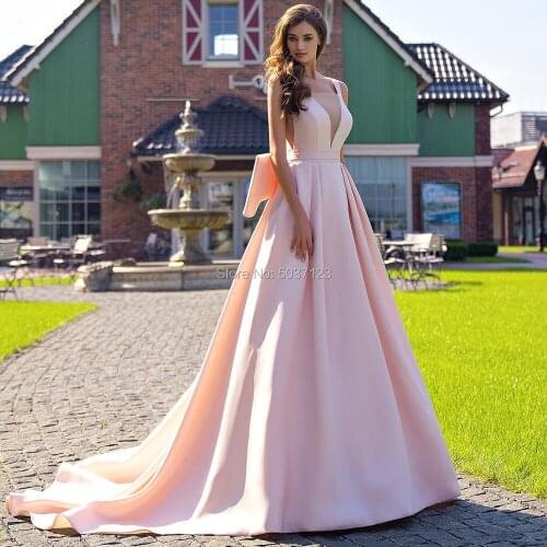 2021 Romantic Pink Satin Wedding Dresses V-Neck Backless With Bow A-Line Country Garden Bride Dress For Weddings Vestido Novia