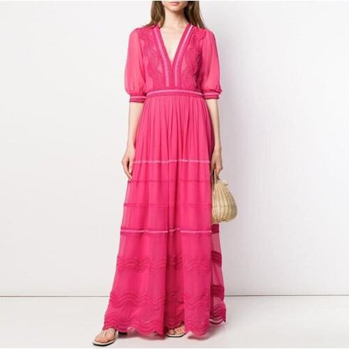 Sexy V-neck Pink Lace Long Dresses For Women 2020 Summer Runway Designers Vintage Pleated Maxi Party Dresses vestidos