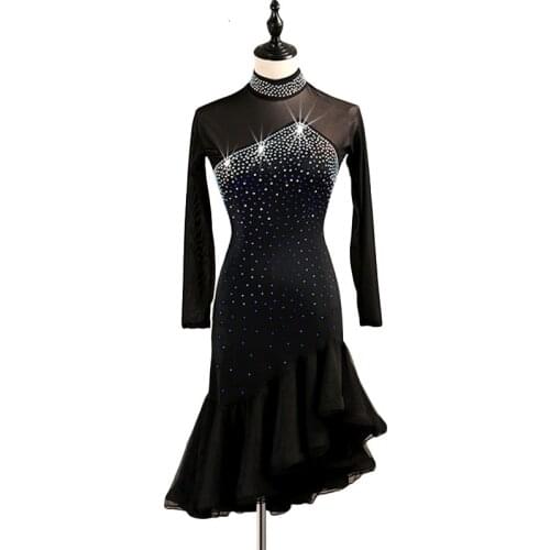 Women Latin Dance Dress Girls Rumba Salsa Dance Competition Dresses Rhinestones Mesh Long Sleeve 2 Colors Customized Dancewear
