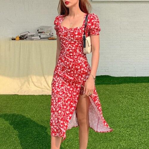 Women Bohemian Dot Print Short Sleeve Dress 2021 Summer Vintage Party Dresses Ladies Sexy Square Collar High Waist Split Vestido