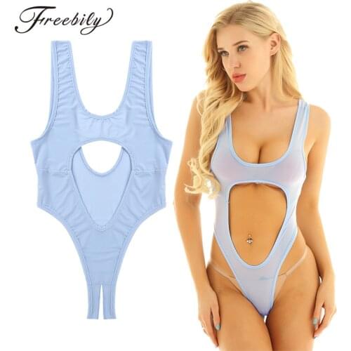 Women Ultra Thin Sheer Lingerie Sleeveless Hollow Crotchless High Cut Thong Sexy Bodysuit Nightwear Monokini Swimsuits